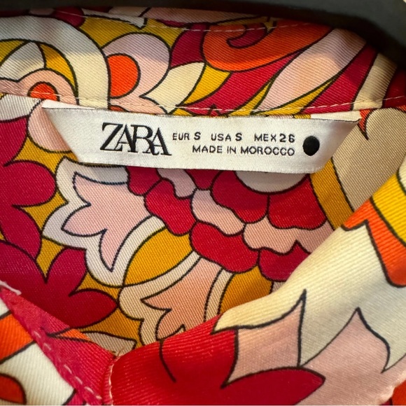 ZARA 70’s Retro Vibrant Crop Blouse Bell Sleeve Collared Button Down Tie Front - Picture 7 of 13